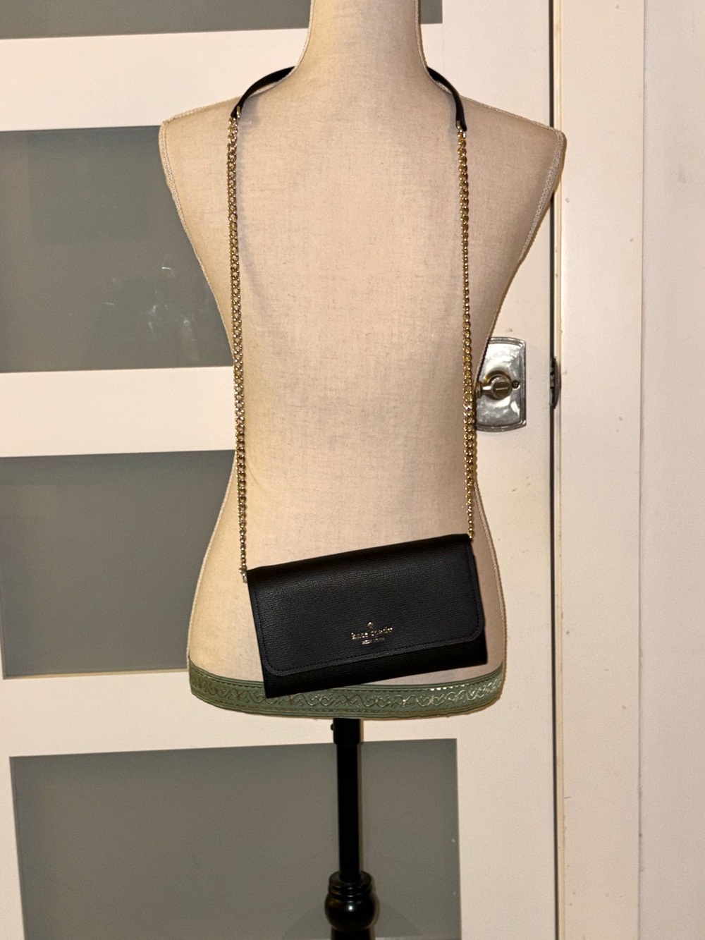 kate spade Black Leather Chain Wallet Crossbody with Gold Chain